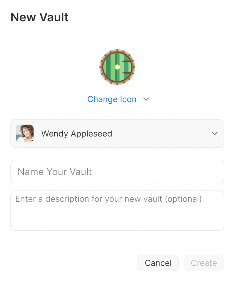 The pop-up to create a new vault in the 1Password app