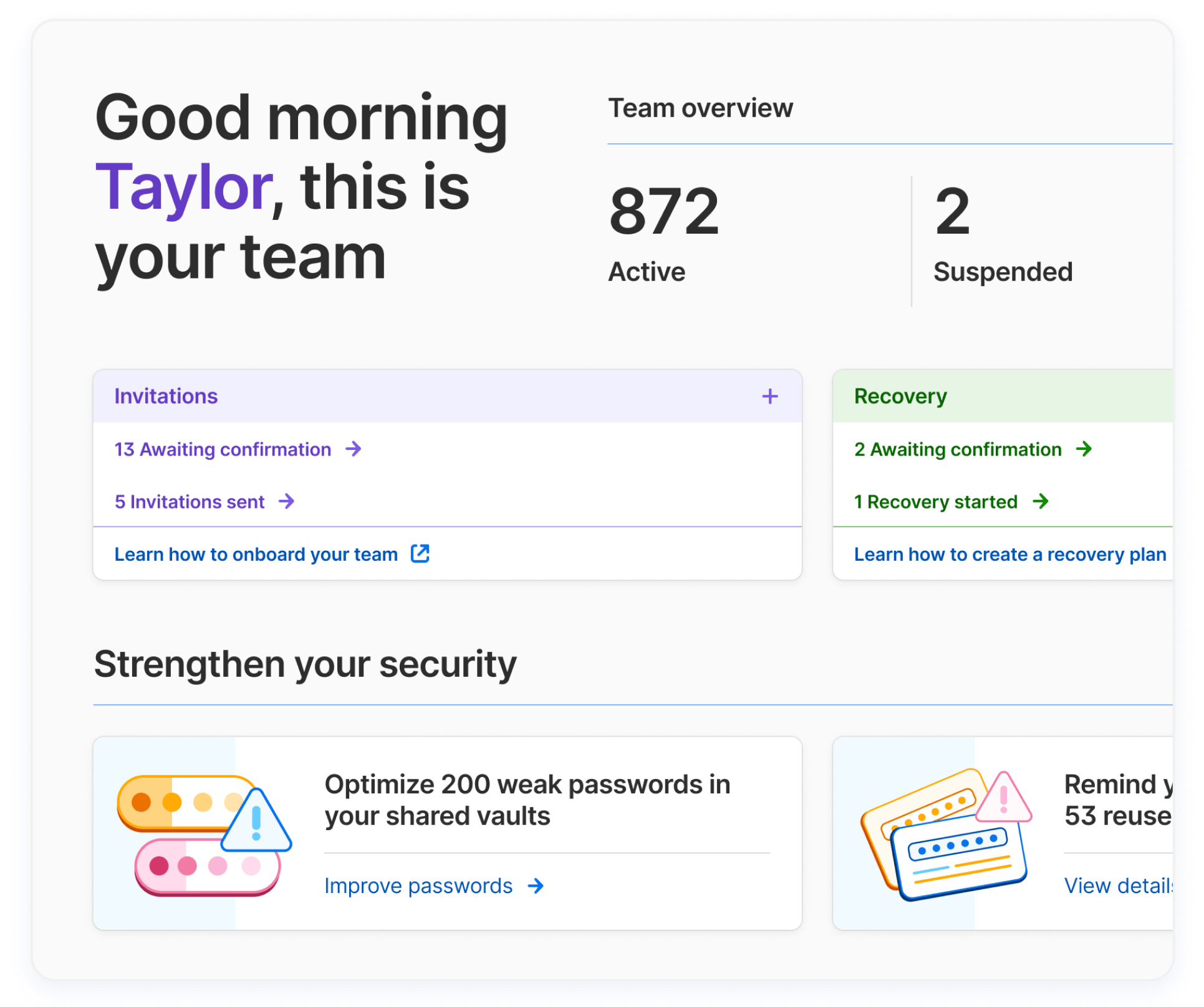 The 1Password admin console showing an overview of a team, including invitations, team members awaiting recovery, and security issues.