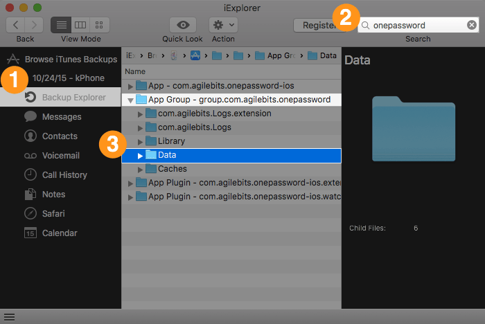 the iExplorer window highlighting the location of Backup Explorer, ‘onepassword’ in the search box, and the Data folder under App Group