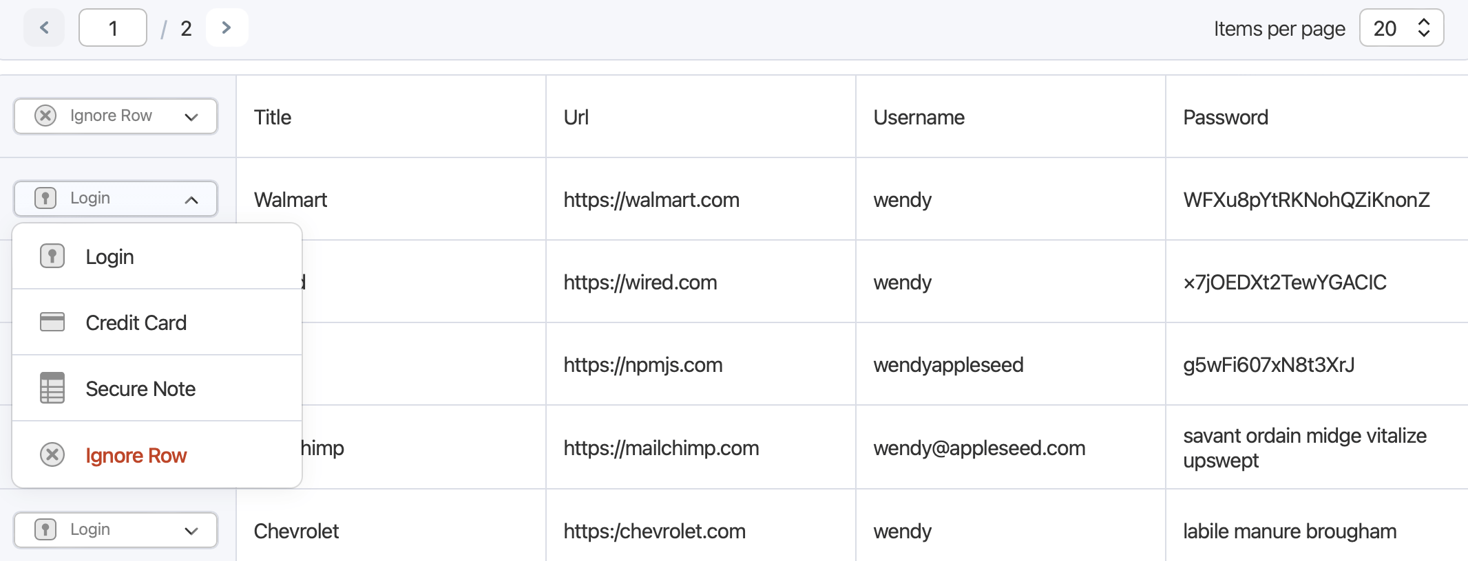 Choose an item type for every row in the table.