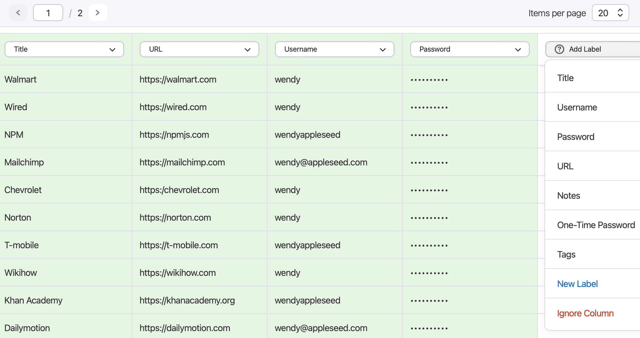 Add a label to the table columns for each item type.