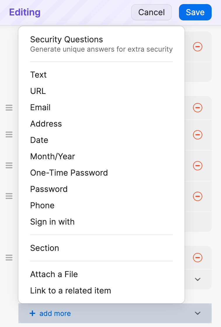 The Add More menu when editing an item in 1Password.