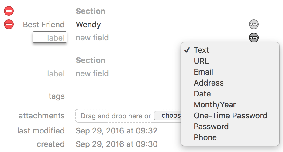 Custom fields in 1Password for Mac