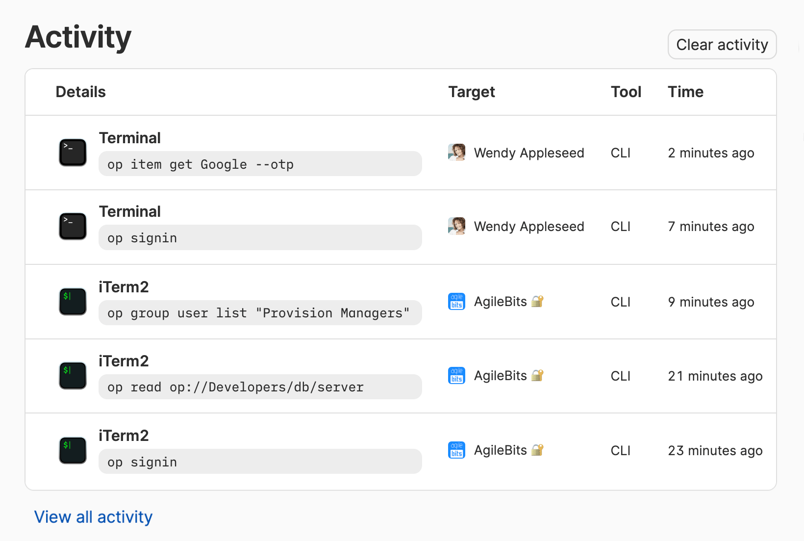 The 1Password CLI screen showing a list of recent activity from terminal applications where `op` commands were run.