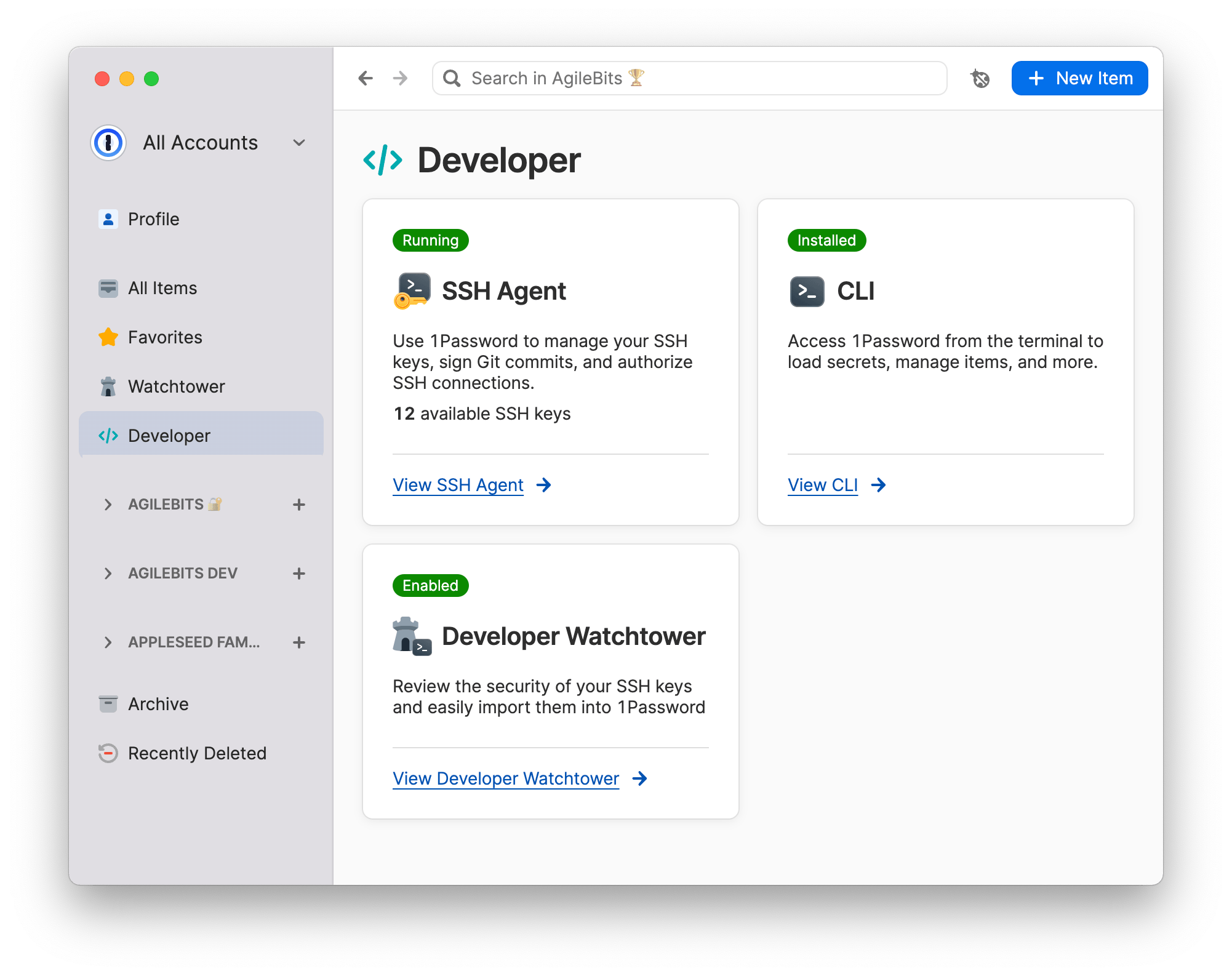 The 1Password Developer overview screen in the 1Password desktop app with sections for SSH Agent, CLI, and Developer Watchtower.