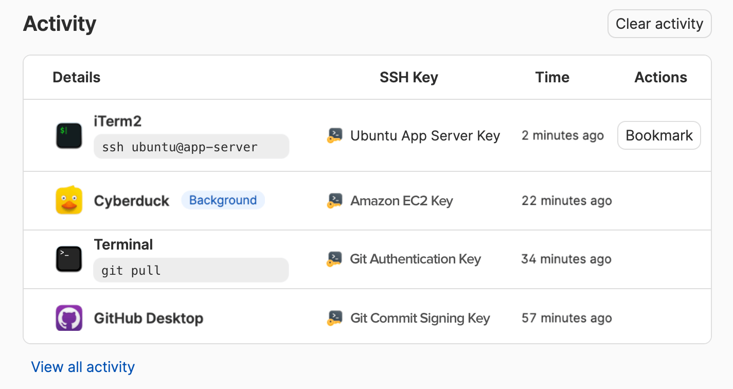 The SSH activity log showing recent SSH authorization events, incluing an SSH host connection with a Bookmark button.