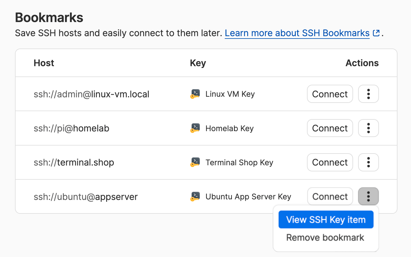 The SSH Bookmarks section showing bookmarked SSH hosts.