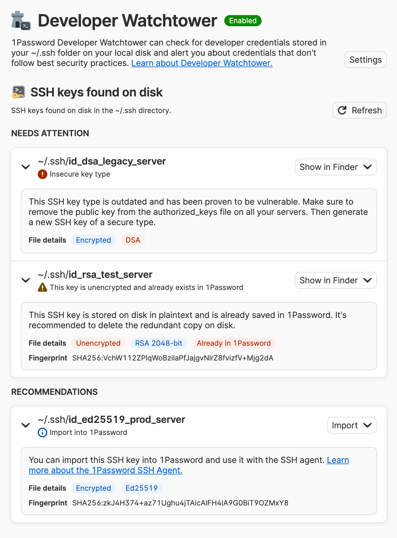 The 1Password Developer Watchtower screen showing SSH keys found on disk with alerts and recommended actions for each key.