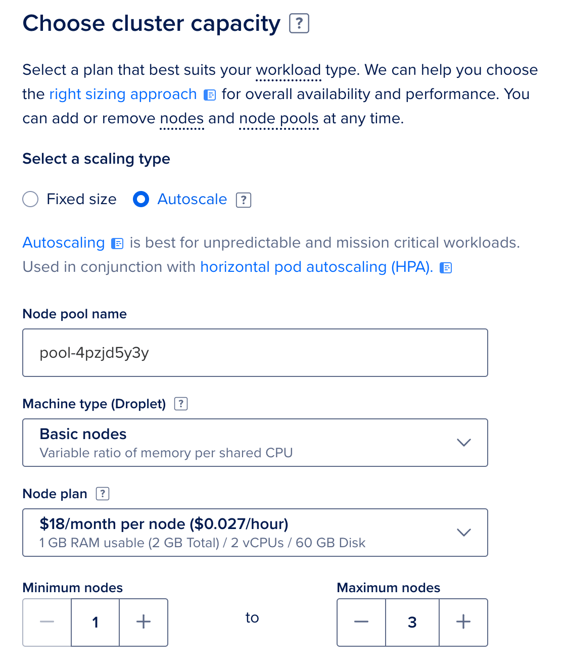 The section to choose the cluster capacity in DigitalOcean