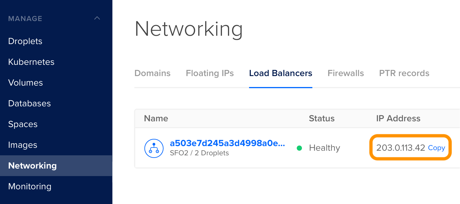 DigitalOcean load balancer configuration screen showing the IP address to copy