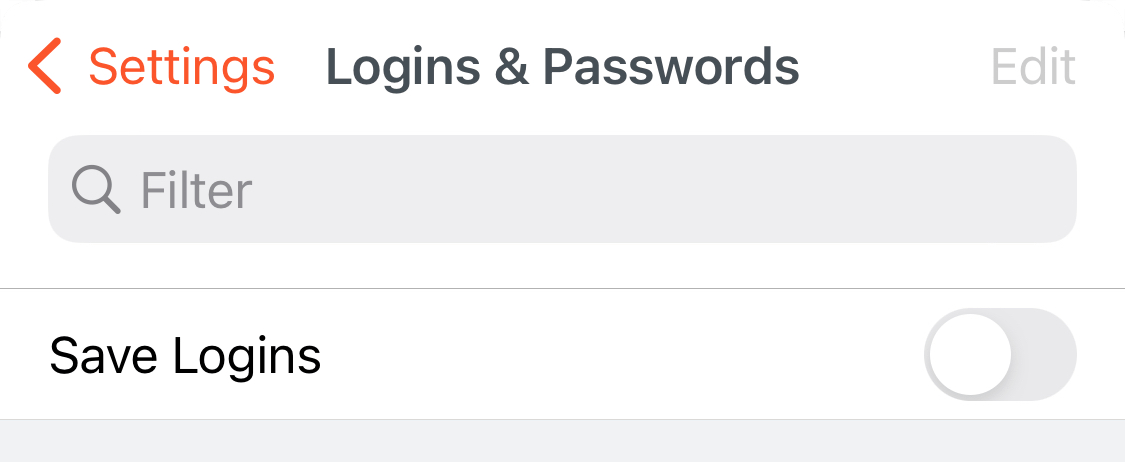 The Logins & Passwords settings in Brave with Save Logins turned off