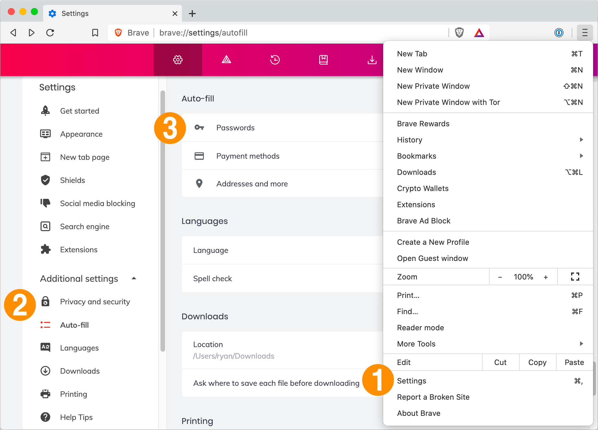 Turn off 'Offer to save passwords' on the password settings page in Brave