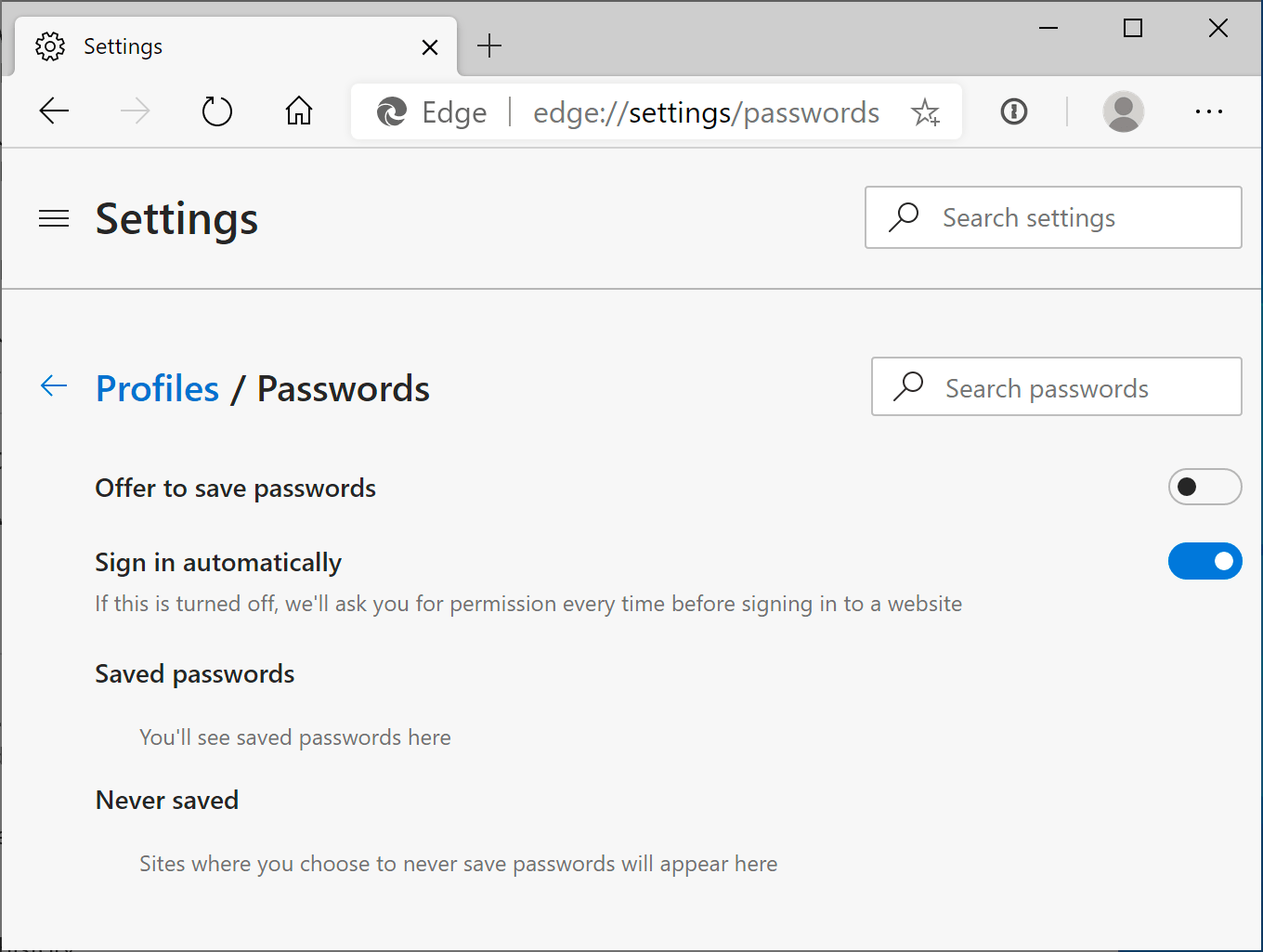 Turn off 'Offer to save passwords' on the password settings page in Microsoft Edge
