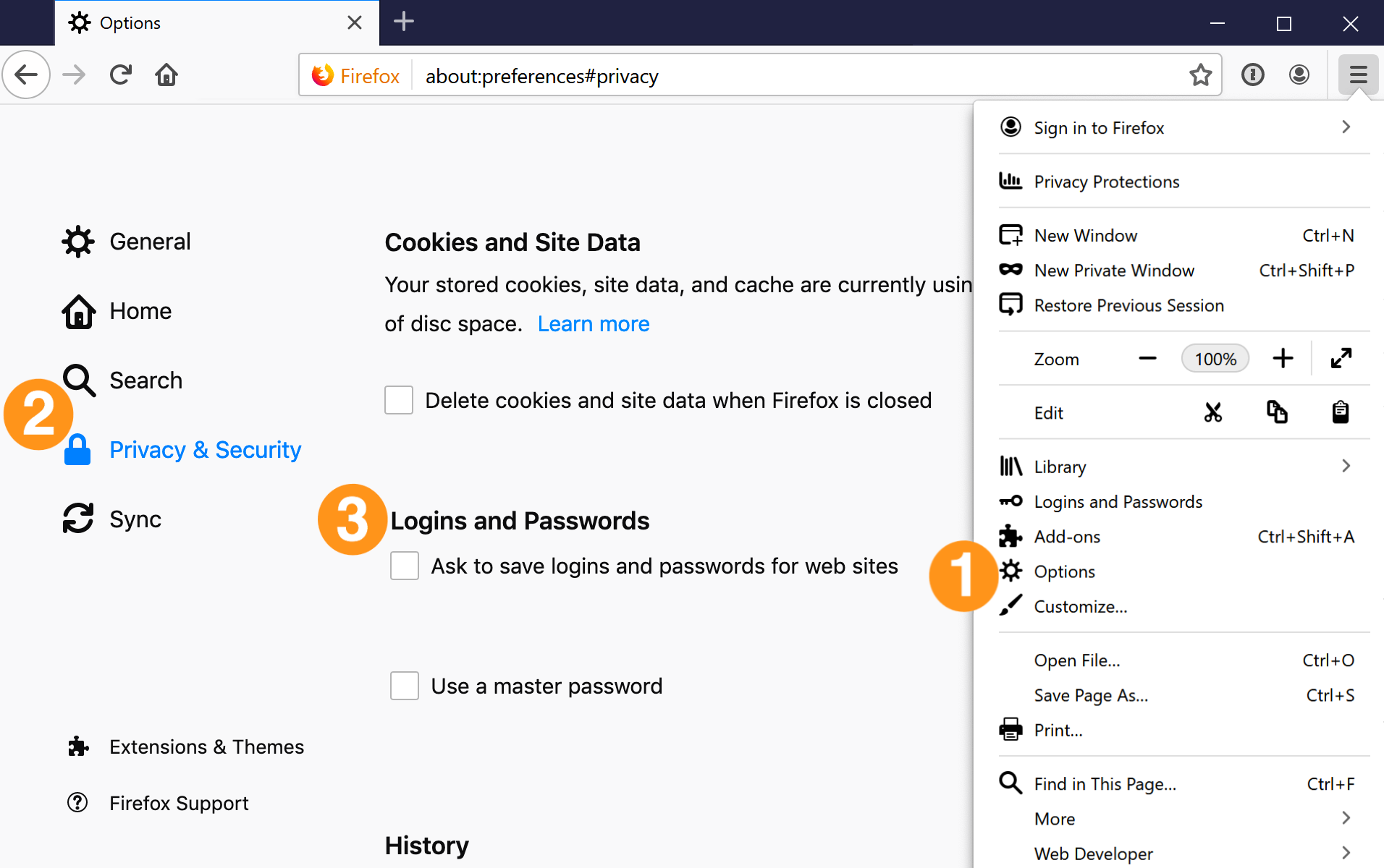 Turn off 'Remember logins and passwords for websites' on the Privacy & Security page in Firefox