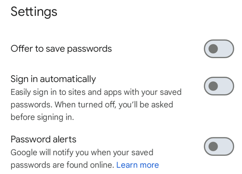 The Passwords settings in Chrome with 'Save passwords' and Auto Sign-in turned off