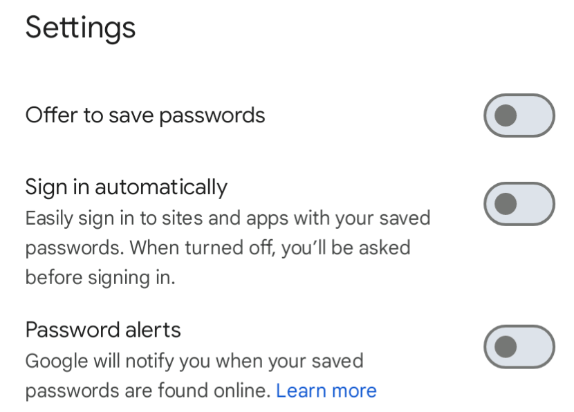 The Passwords Manager settings in Chrome with 'Offer to save passwords', 'Sign in automatically', and 'Password alerts' turned off