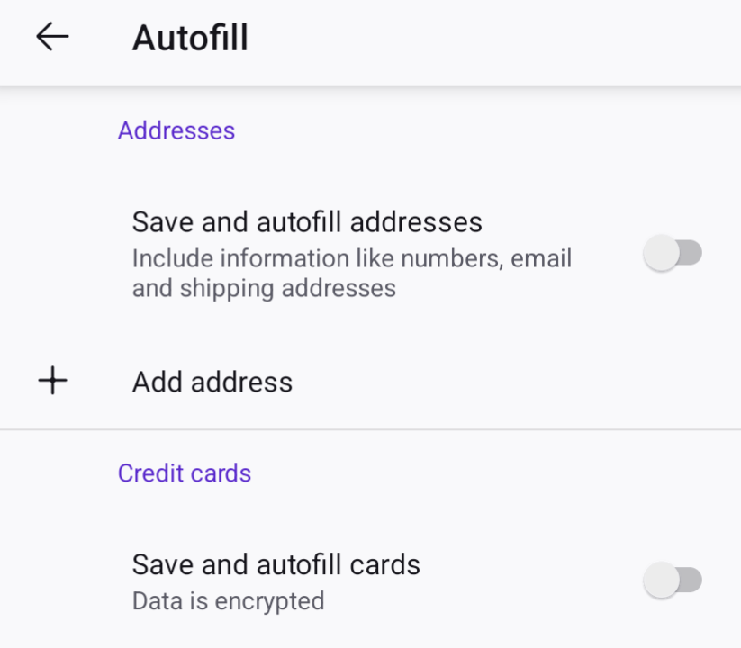 The 'Credit cards' settings in Firefox with 'Save and autofill cards' turned off