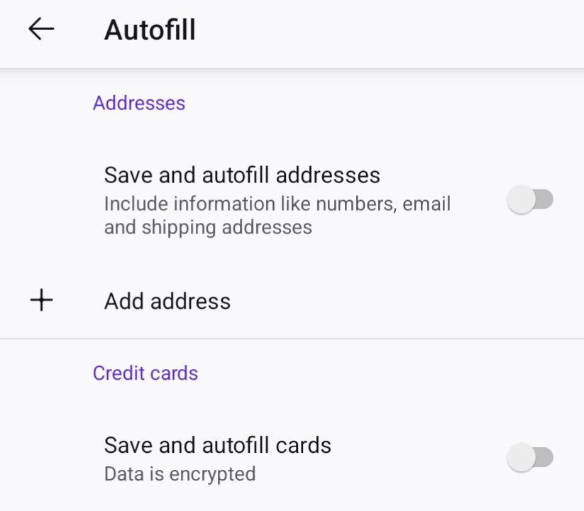 The Autofill settings in Firefox with 'Save and autofill addresses' and 'Save and autofill cards' turned off