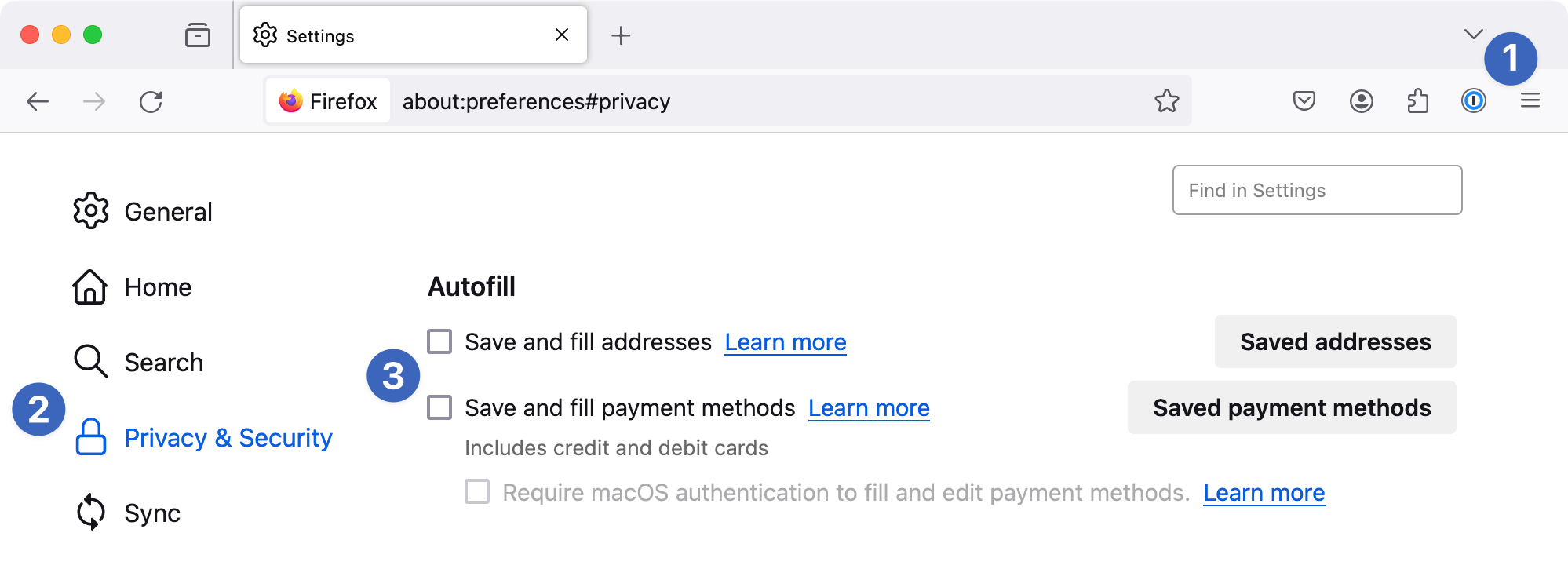 The Autofill settings in Firefox with 'Save and fill addresses' and 'Save and fill payment methods' turned off