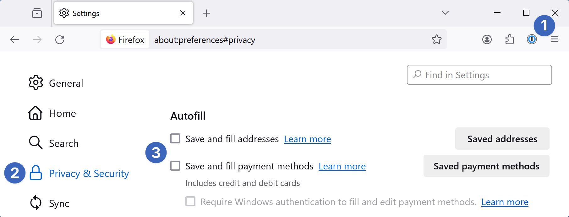 The Forms and Autofill settings in Firefox with 'Autofill addresses' and 'Autofill credit cards' turned off