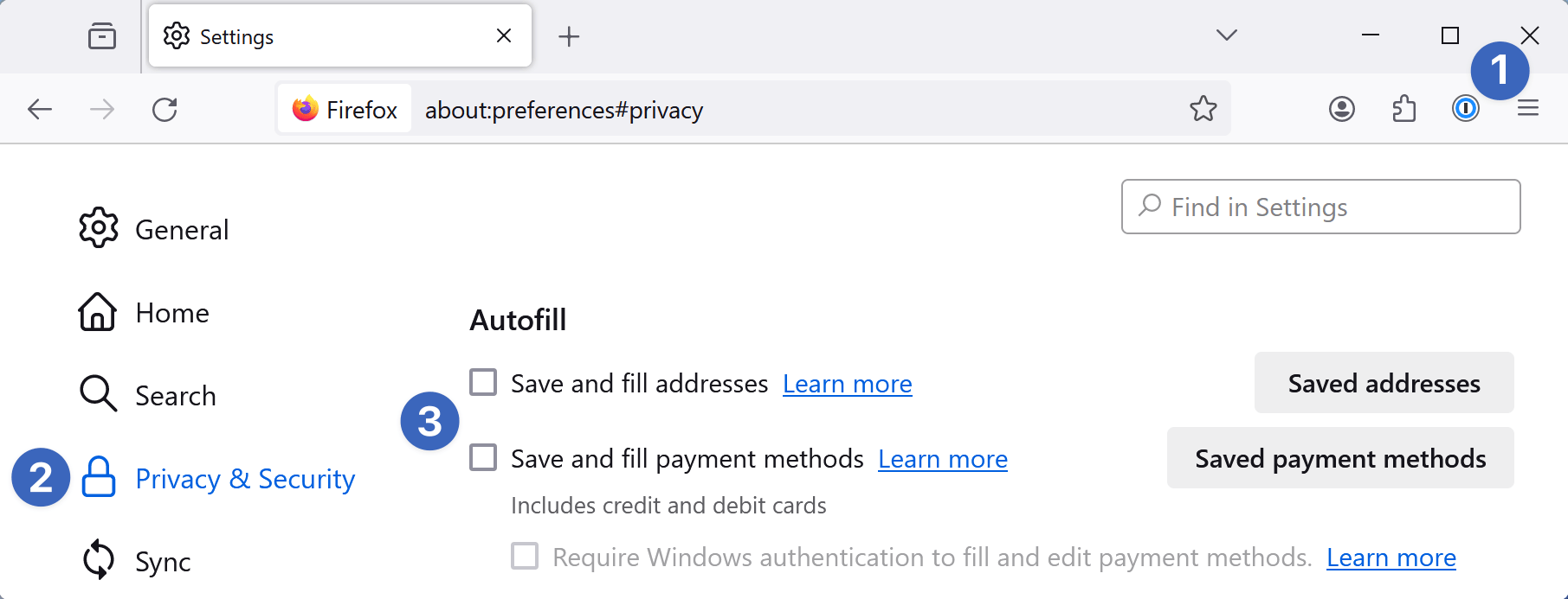 The Autofill settings in Firefox with 'Save and fill addresses' and 'Save and fill payment methods' turned off