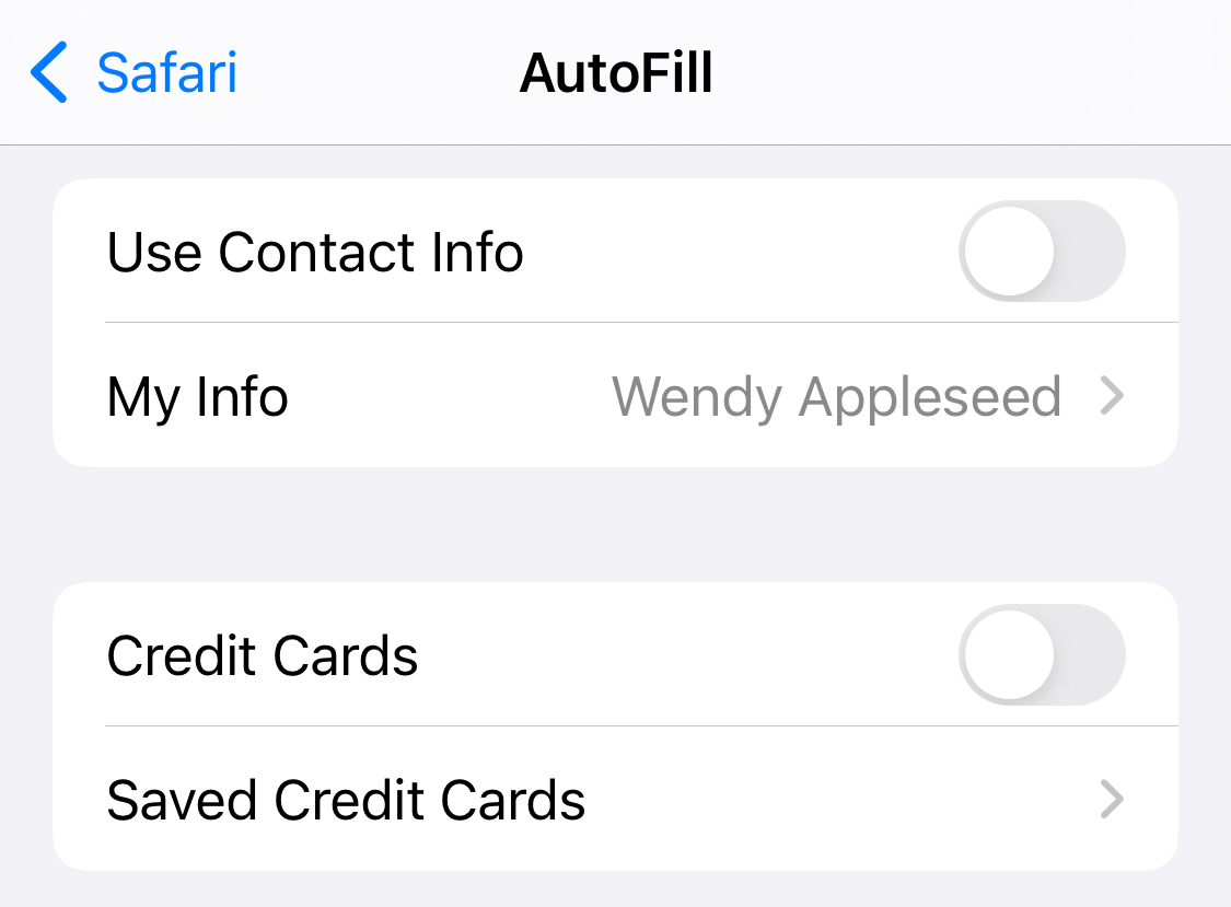 The Safari Autofill page in the Settings app with 'Use Contact Info' and 'Credit Cards' turned off