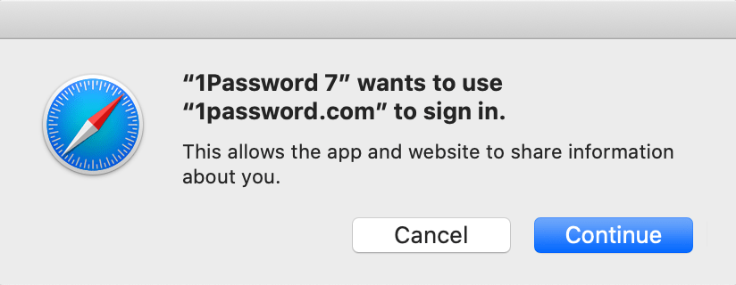 '1Password 7' wants to use '1password.com' to sign in.