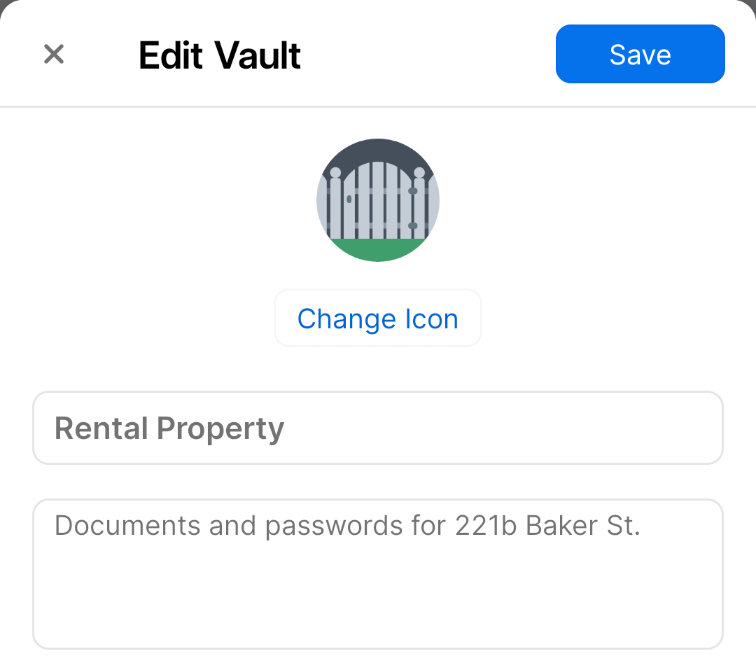 The pop-up to edit a vault in the 1Password app