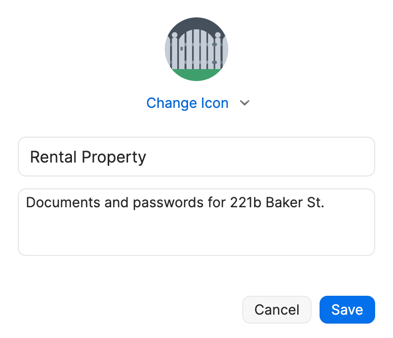 The pop-up to edit a vault in the 1Password app