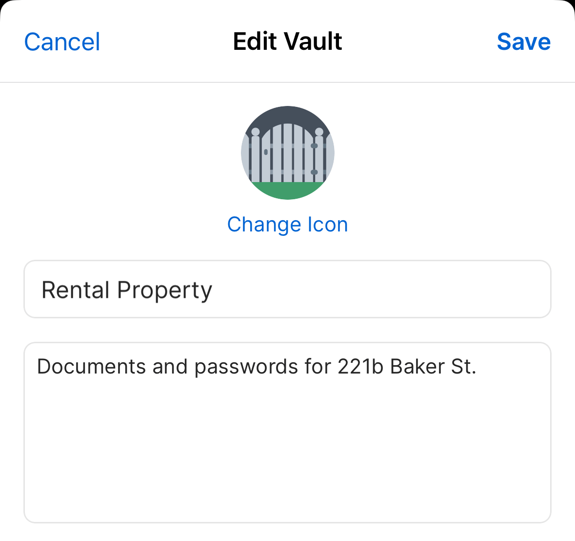 The pop-up to edit a vault in the 1Password app