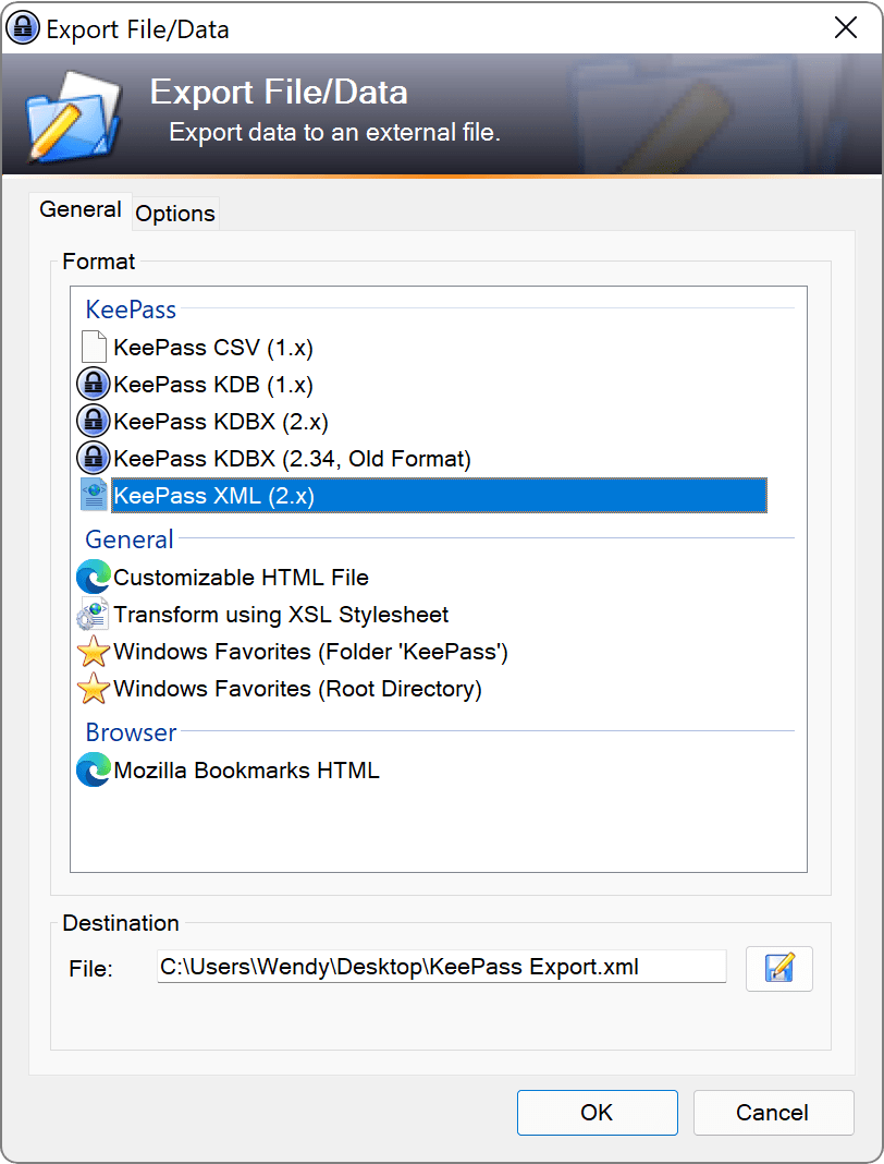 The 'Export File/Data' window in KeePass with the 'KeePass XML (2.x)' format selected