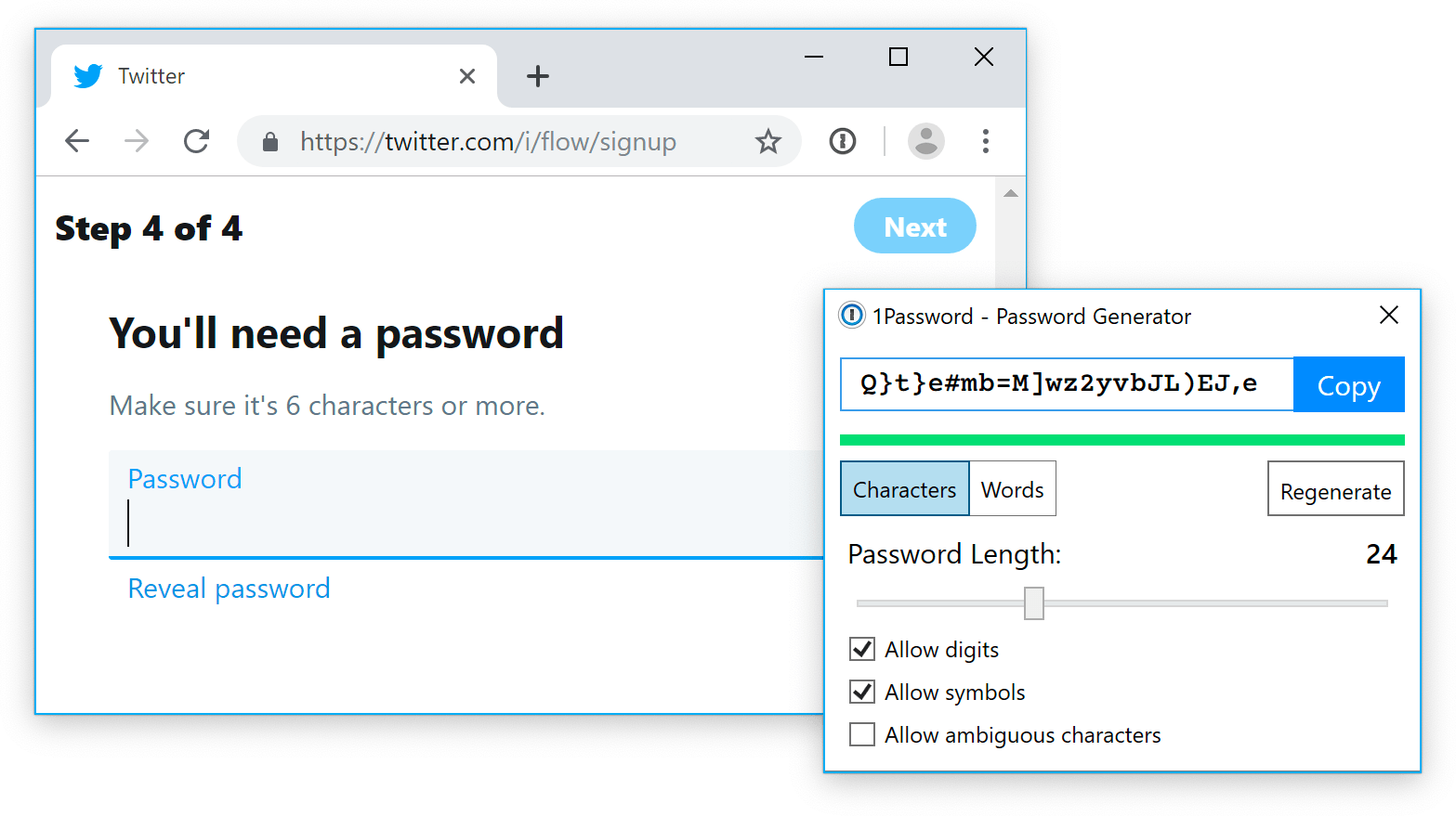 Использование расширения 1Password для создания нового пароля