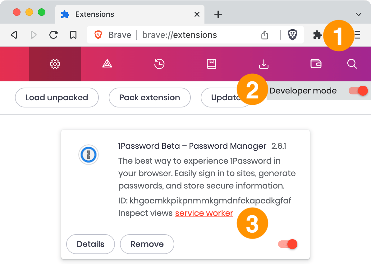 The Brave Extensions page with the numbers 1 to 3, indicating the location of each step