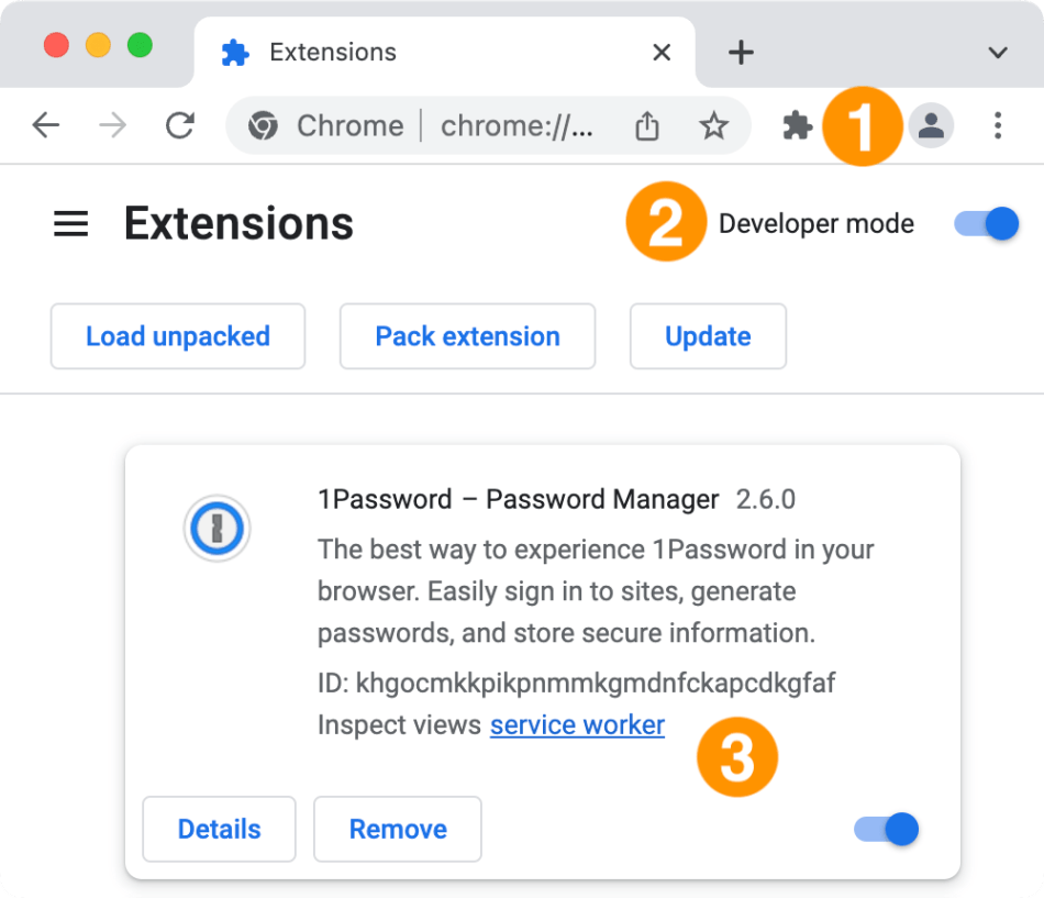 The Chrome Extensions page with the numbers 1 to 3, indicating the location of each step