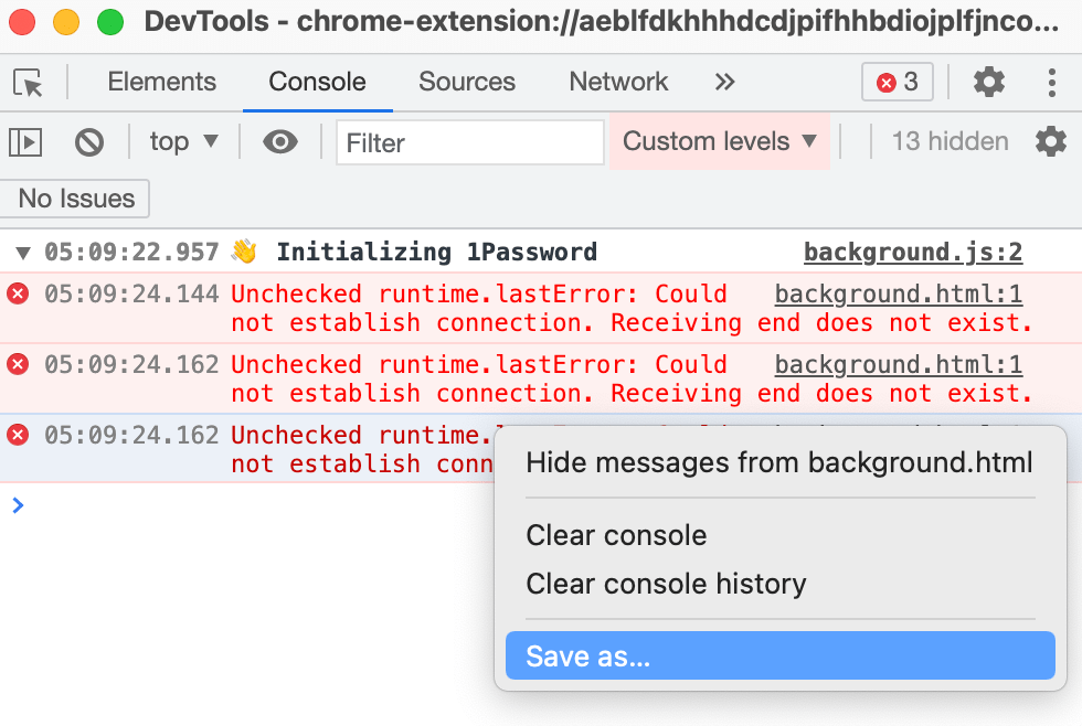 The Console tab showing the right-click menu with 'Save as' selected