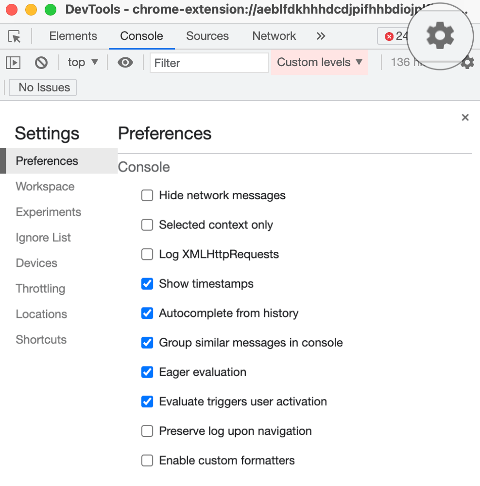 The Setting section in DevTools window with 'Show timestamps' turned on