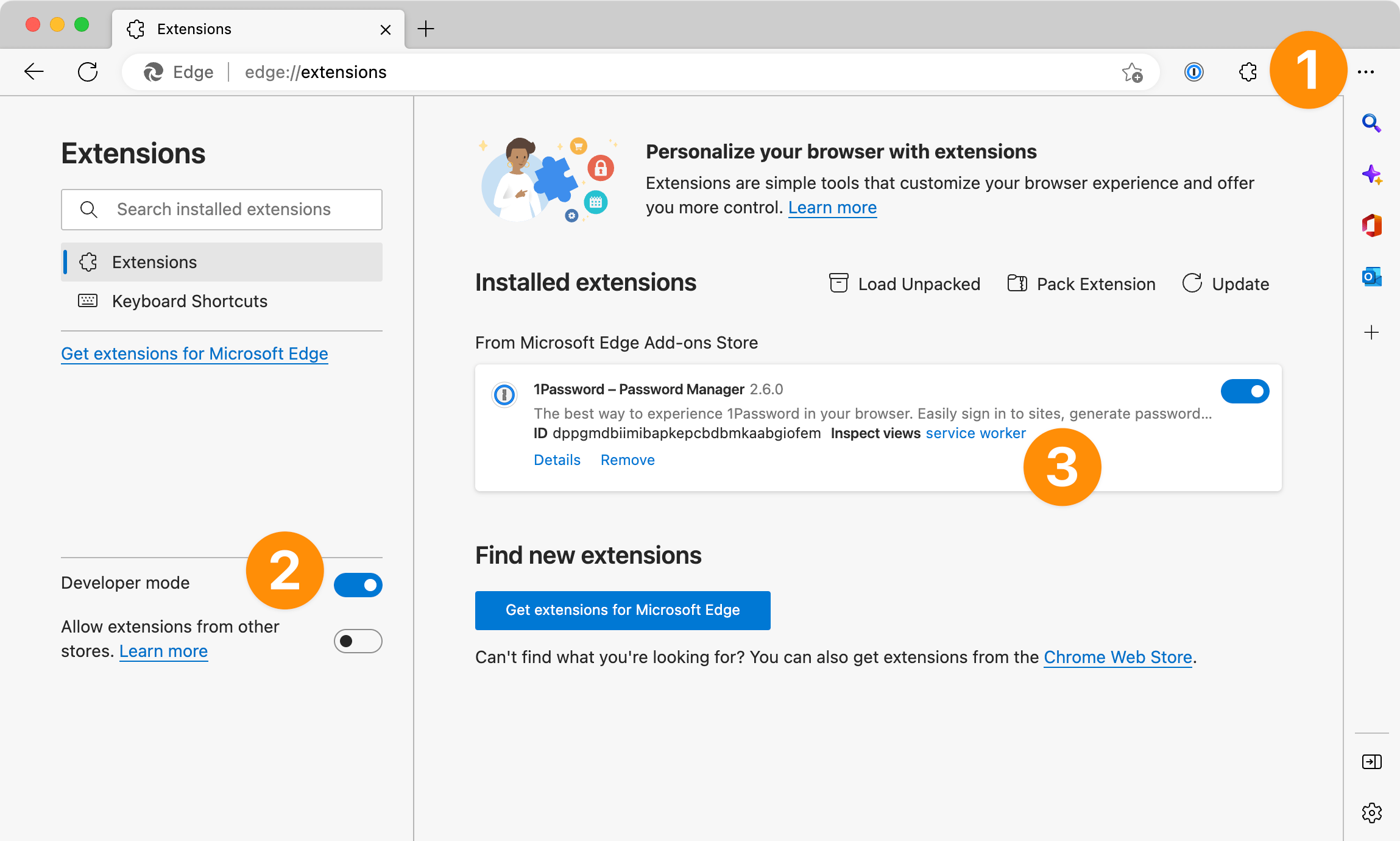 The Microsoft Edge Extensions page with the numbers 1 to 3, indicating the location of each step