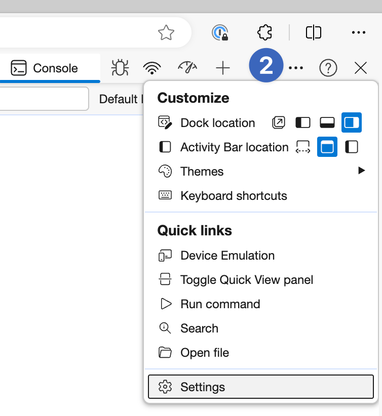 The ellipsis dropdown in the Developer Tools pop-out with 'Settings' highlighted