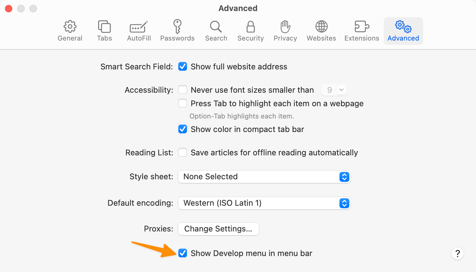 The Safari Settings menu on the Advanced tab with 'Show Develop menu in menu bar' turned on