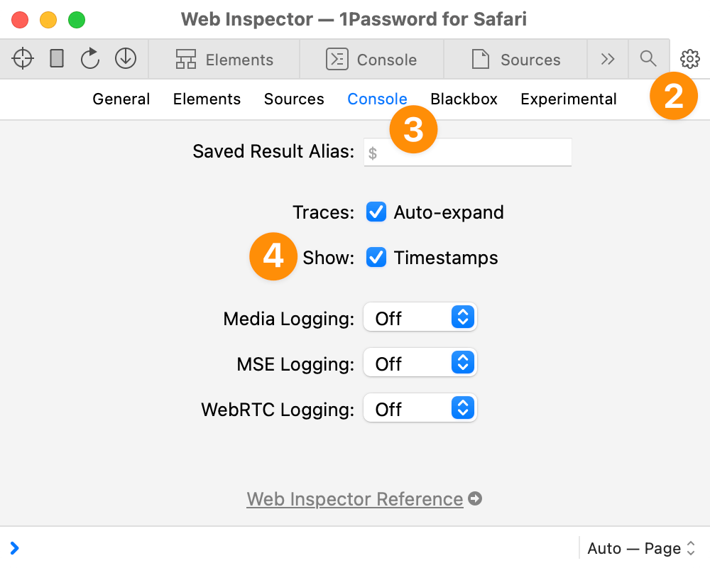 The Web Inspector window for 1Password for Safari with 'Timestamps' turned on