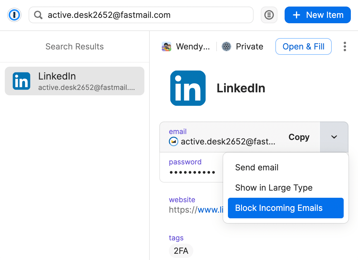 1Password in the browser open to the login item for active.desk2652@fastmail.com with the option to Block Incoming Emails highlighted in the dropdown next to the Masked Email.