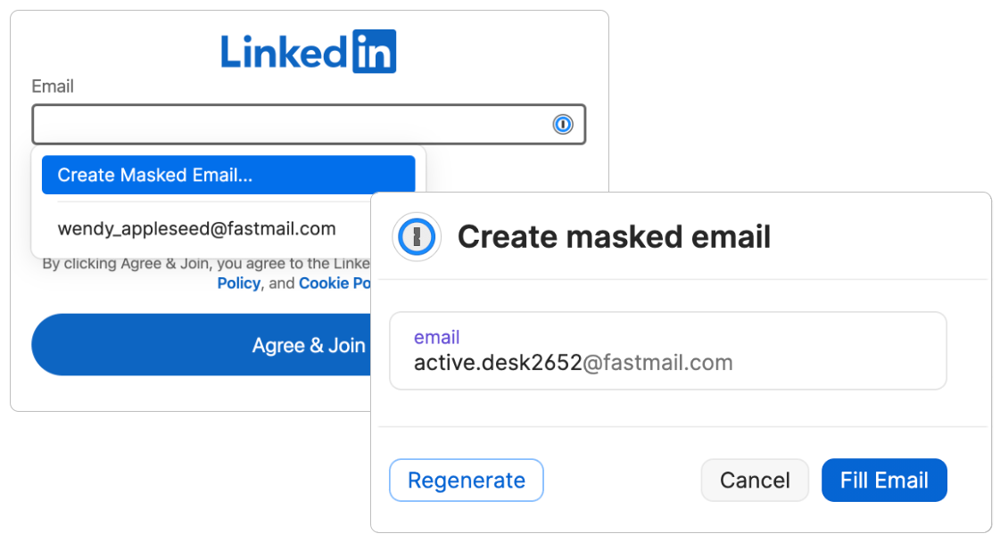 An email field with Create Masked Email selected and a window with the Masked Email active.desk2652@fastmail.com and options to Fill or Regenerate.