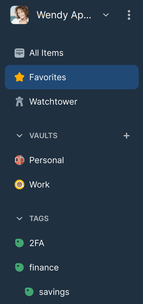 Favorites and tags in the vault sidebar in 1Password for Linux