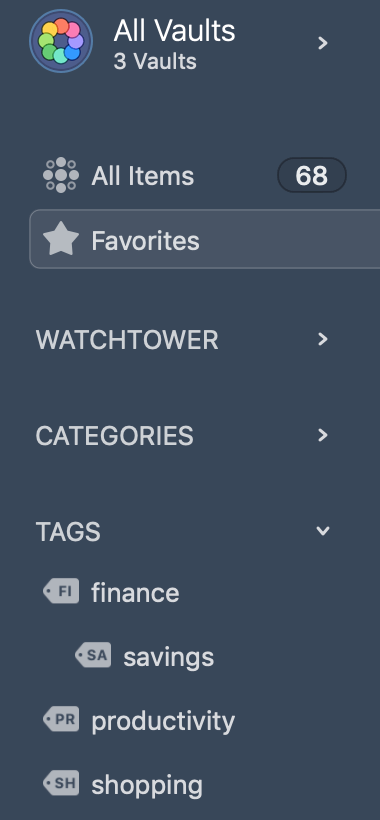 Favorites and tags in the vault sidebar in 1Password for Mac