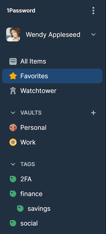 Favorites and tags in the vault sidebar in 1Password for Windows