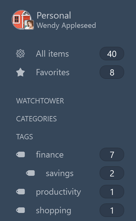 Favorites and tags in the vault sidebar in 1Password for Windows