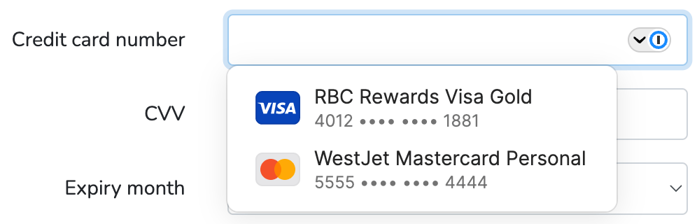 Fill credit card from the inline menu