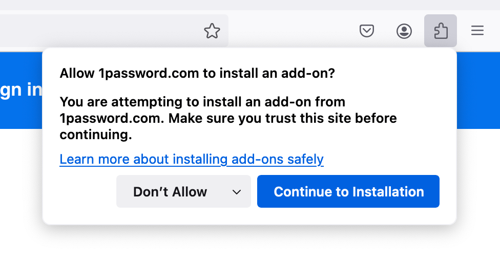 Continue to installation button in Firefox