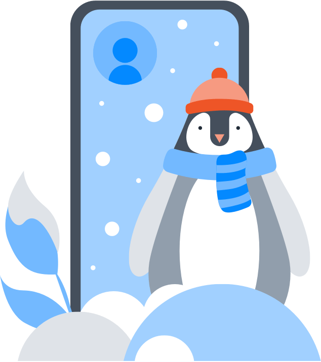 Un pingüino nevado y un dispositivo que ilustra una cuenta congelada.