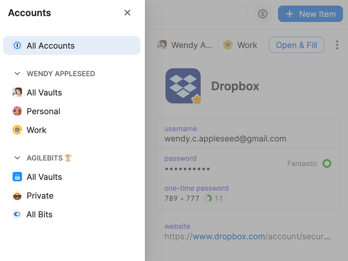 Account and vault list in the 1Password pop-up